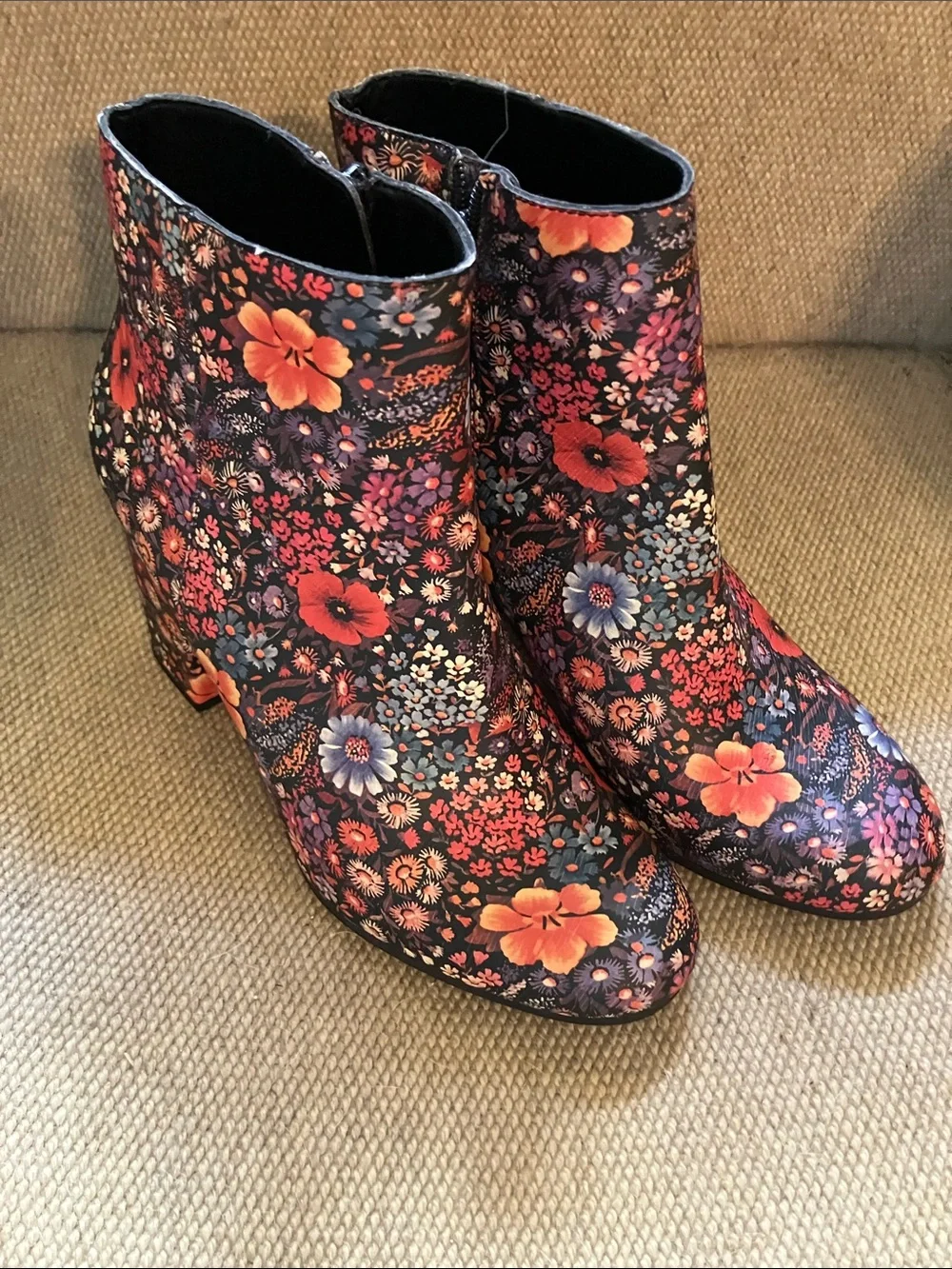 Lucky Brand Black Floral Ankle Boots with Orange & Pink Accents